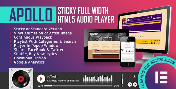 Apollo – Sticky Full Width HTML5 Audio Player – Elementor Widget Addon