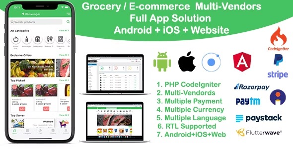 grocery / delivery services / ecommerce multi vendors (Android + iOS + Website) ionic 5 / CodeIgniter