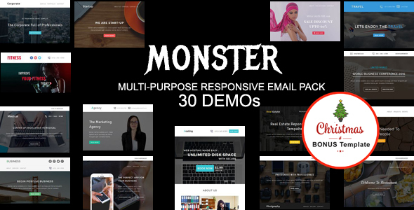 MONSTER – Multipurpose Responsive Email Pack with online Stampready & Mailchimp Builders Access